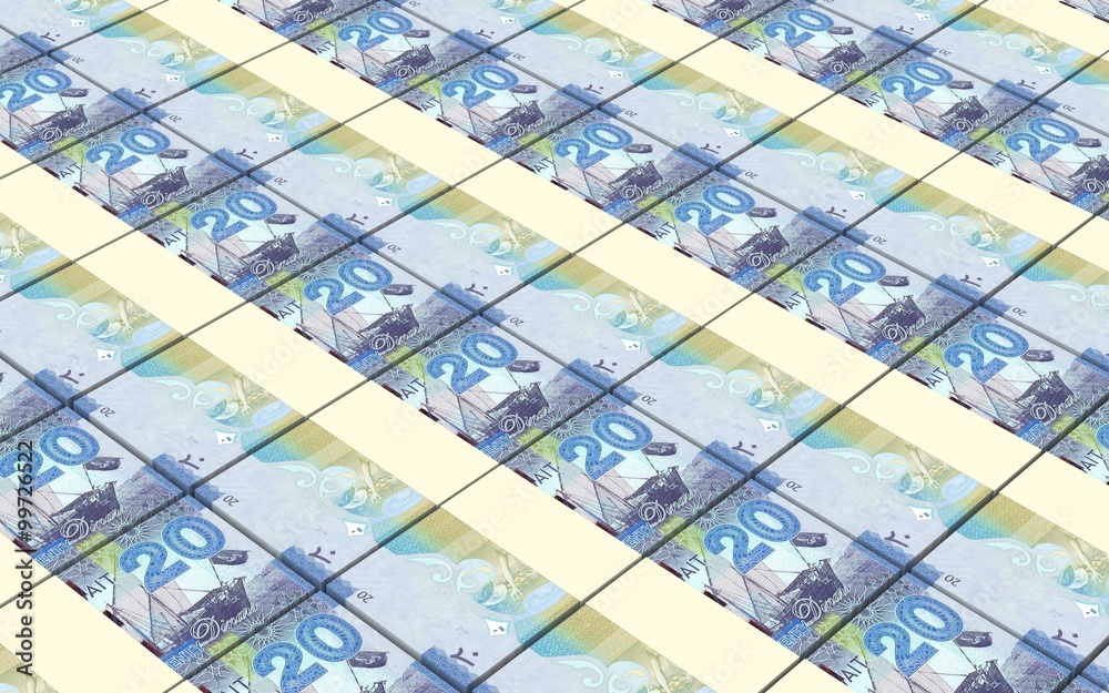 Kuwait dinars bills stacks background. Computer generated 3D photo rendering.