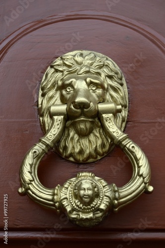Golden lion knocker on a brown door