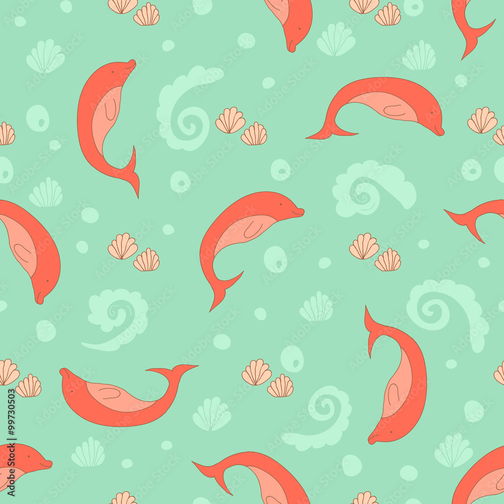 Stylish seamless texture with doodled cartoon dolphin in pink an