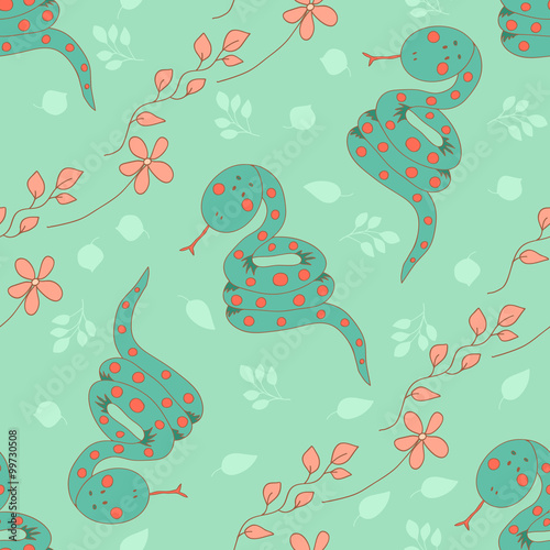 Stylish seamless texture with doodled cartoon snake in pink and