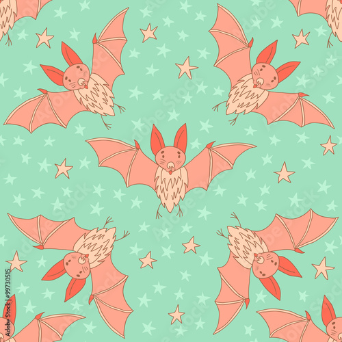 Stylish seamless texture with doodled cartoon bat in pink and bl