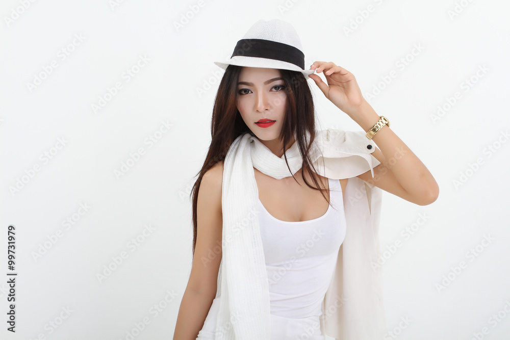 Winter Beauty Woman asia Fashion Girl Concept. Skin and hair care in cold season. Beautiful woman with long hair wearing a sweater, scarf, hat and gloves. Holiday Fashion Portrait.on white background Winter Beauty Woman asia Fashion Girl Concept. Skin and hair care in cold season. Beautiful woman with long hair wearing a sweater, scarf, hat and gloves. Holiday Fashion Portrait.on white background