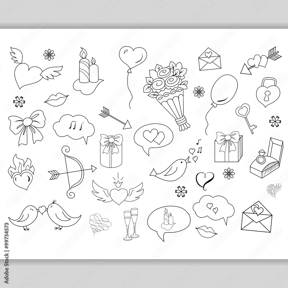 Sketchy hand drawn love doodles objects 
