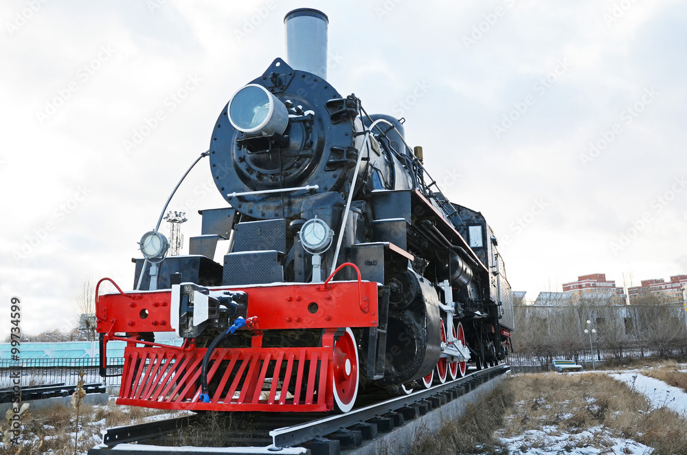 Naklejka premium Ulaanbaatar, Mongolia-Dec,02 2015: Steam locomotive series EL-266. Museum of railway equipment in Ulaanbaatar. Mongolia
