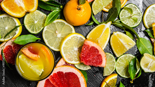 The juice from citrus fruits - grapefruit, orange, tangerine, lemon, lime in the glass.