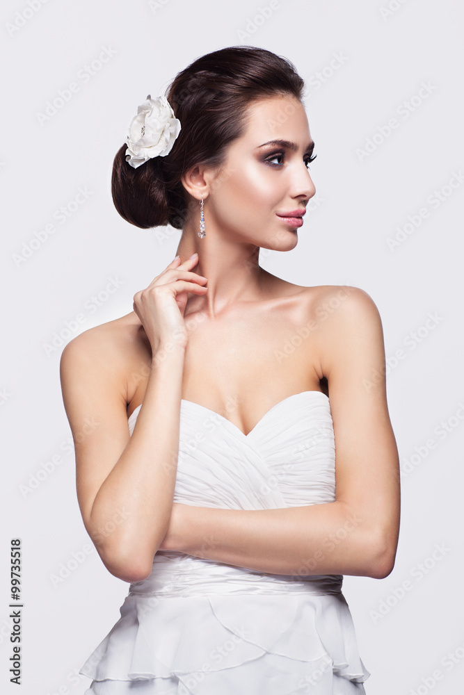 Portrait of beautiful young brunette woman bride in white Weddin Portrait of beautiful young brunette woman bride in white Weddin