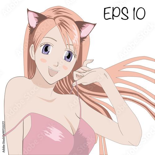 Anime Manga Sexy Girl vector illustration. Seductive Woman with cat's ears isolated on white background. Big Beautiful Eyes. Japanese Girl.
Печать