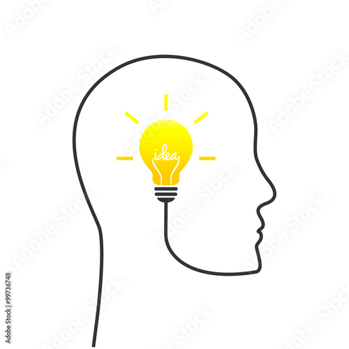 Idea concept . Human head contour with shining lightbulb spelling the word idea.