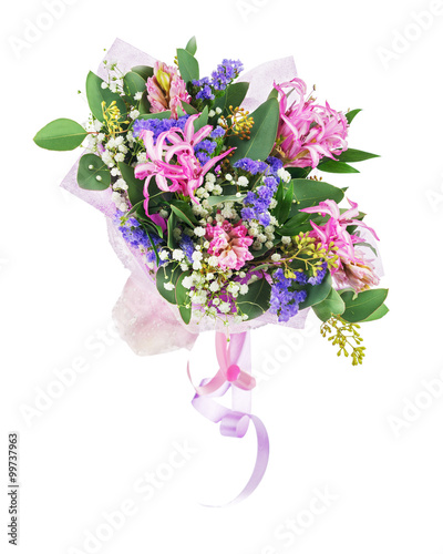Bouquet of nerine, hyacinth, statice and other flowers.