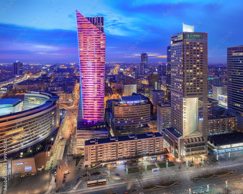 Obraz Panorama of modern Warsaw by night