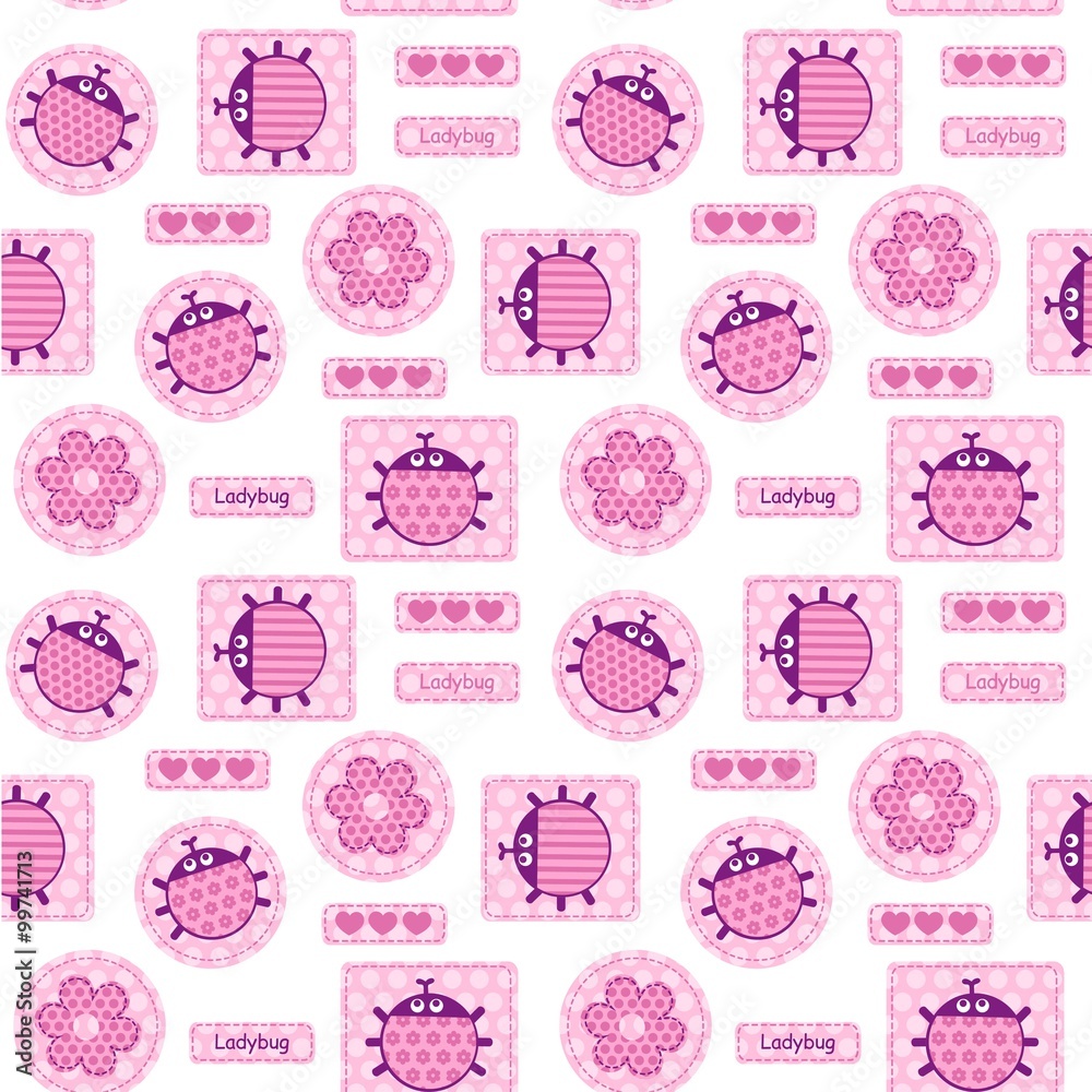 Patches pink ladybirds and hearts seamless vector pattern Patches pink ladybirds and hearts seamless vector pattern