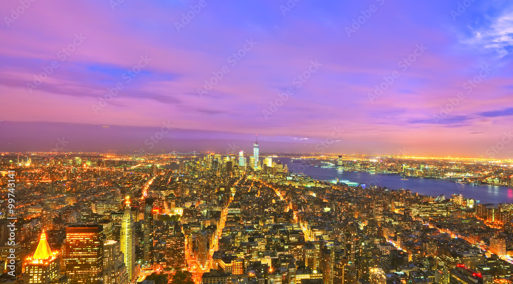 View of Manhattan in New York City at twilight. 
