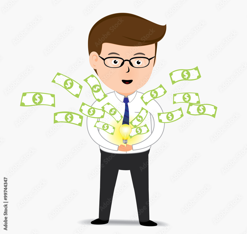 Happy businessman with a light bulb with money, business concept, vector Happy businessman with a light bulb with money, business concept, vector