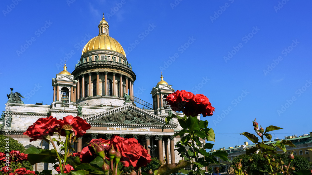 Saint Isaac Cathedral with roses in Saint-Petersburg, Russia