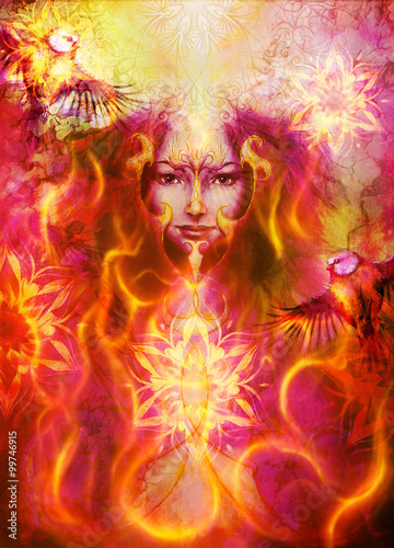 beautiful illustration women and mandala in fire, with birds on multicolor background eye contact.