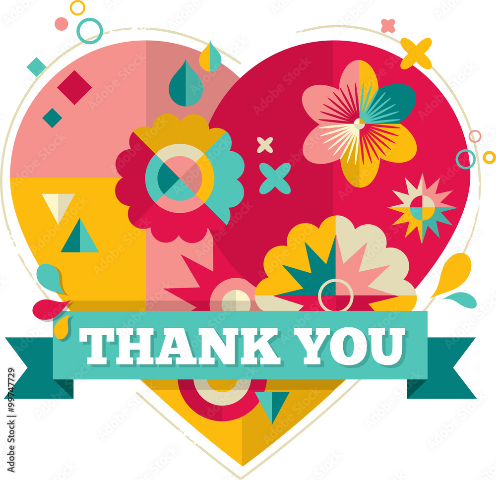 Thank you, card with heart, icons and flowers Thank you, card with heart, icons and flowers