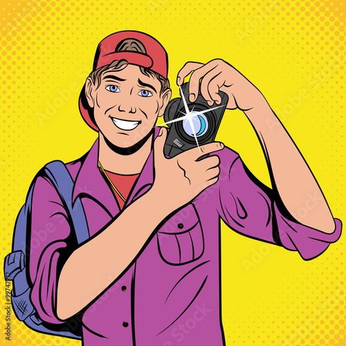 Photographer with camera comics icon