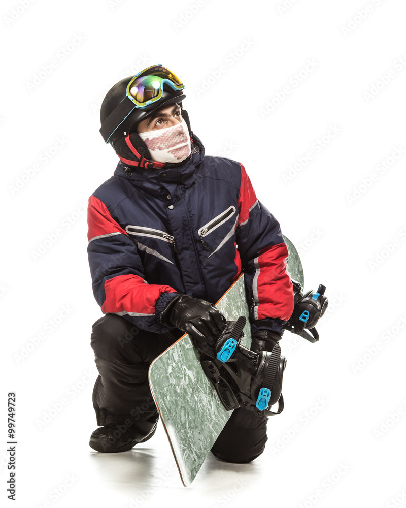 Male snowboarder with the board.