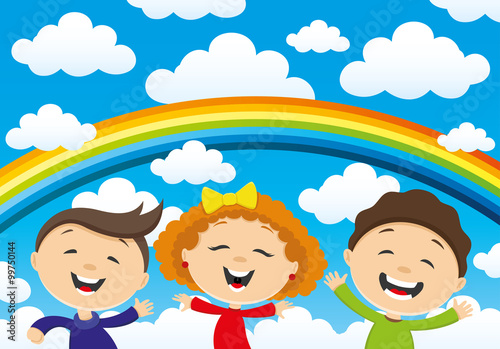 Happy children and a rainbow in the clouds.