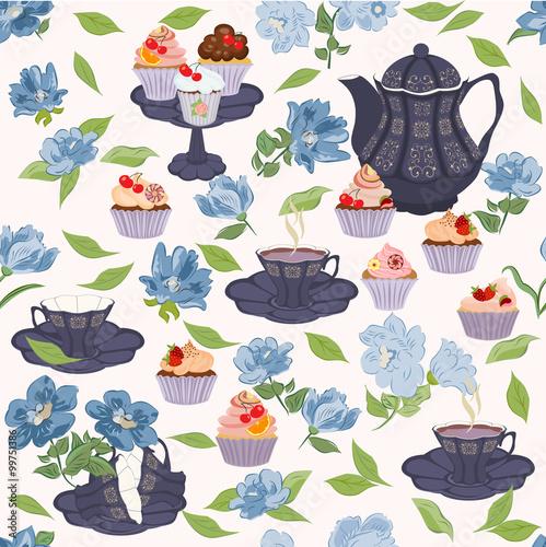 Vector seamless pattern with crockery for tea and blue flowers.