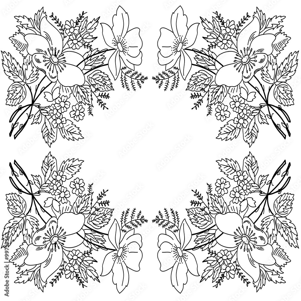 Fototapeta premium contour drawing flowers frame monochrome