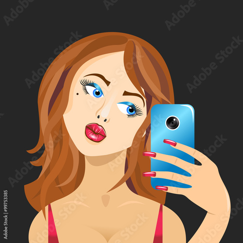 Girl doing self in mirror duck face looking to phone isolated on