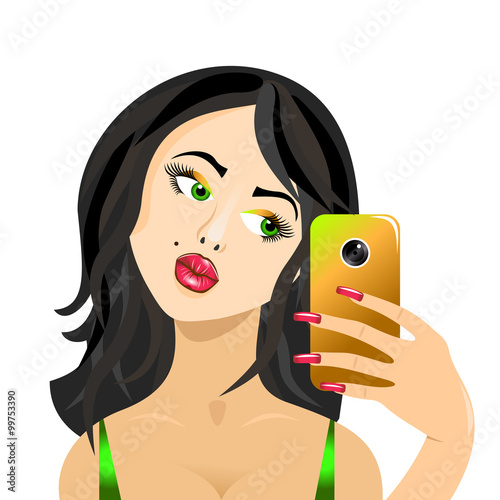 Girl doing self in mirror duck face looking to phone isolated on
