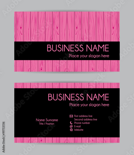 Pink wooden graphic business card design. Front and back. Vector set.	