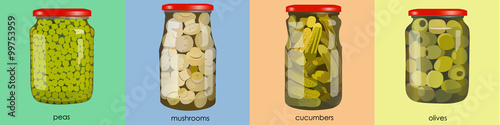 pickles set in jars. Banner of pickled realistic vegetables. Peas, mushrooms, olives, cucumbers. Colorful Vector illustration.
