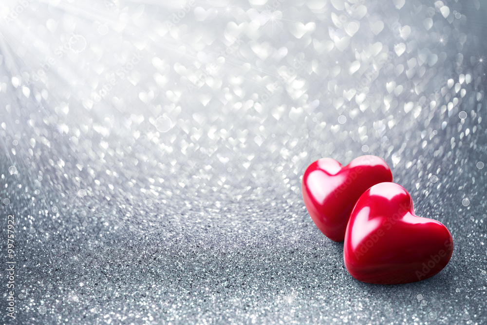 Two Hearth On Silver Glitter - Valentine Card
 - obrazy, fototapety, plakaty 