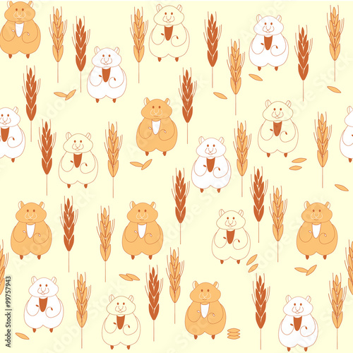 the pattern of the hamster and ears of wheat on a beige background