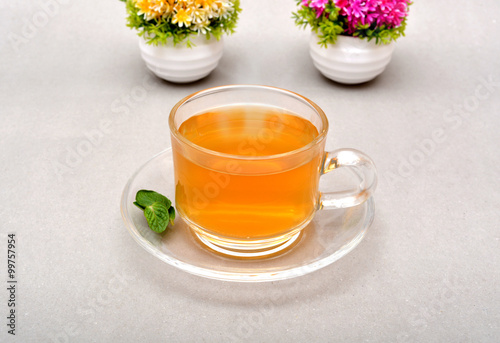 Hot Green Tea Cup with Mint leaf and Flowers