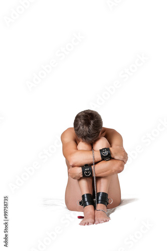 Slave in leather bracelets copy paste space