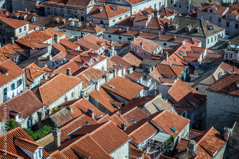 red roofs of Old Town buildings seen from Walls of Dubrovnik in Croatia