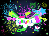 Carnaval Portuguese language. Neon colors carnival background vector with fireworks and masks.