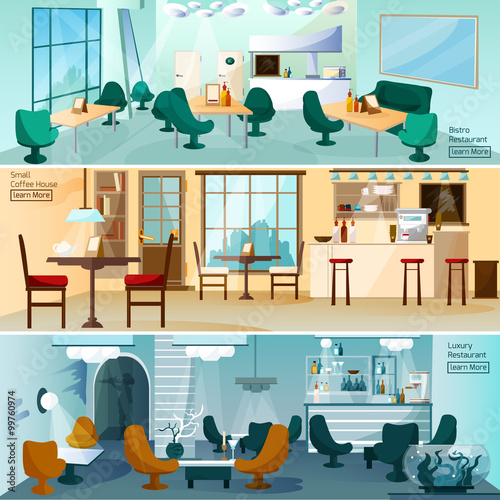 Cafe Restaurant Interior Flat Banners Set 