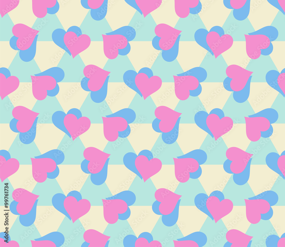 Seamless pattern with rotating pair of blue and pink hearts on a pastel color triangular background.