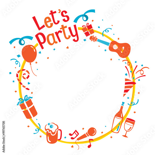 Party Letter, Icons And Pennant Flag On Circle Frame, Calligraphy, Letter, Party, Banquet, Feast, Celebration