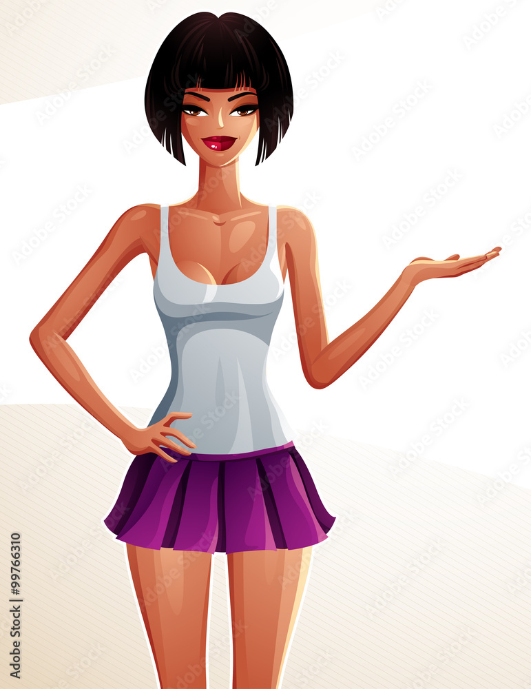 Young pretty lady showing something to side with her hand Young pretty lady showing something to side with her hand
