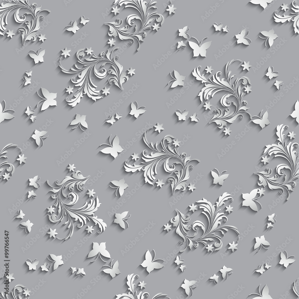 Seamless Pattern Background with paper flowers and butterflies.