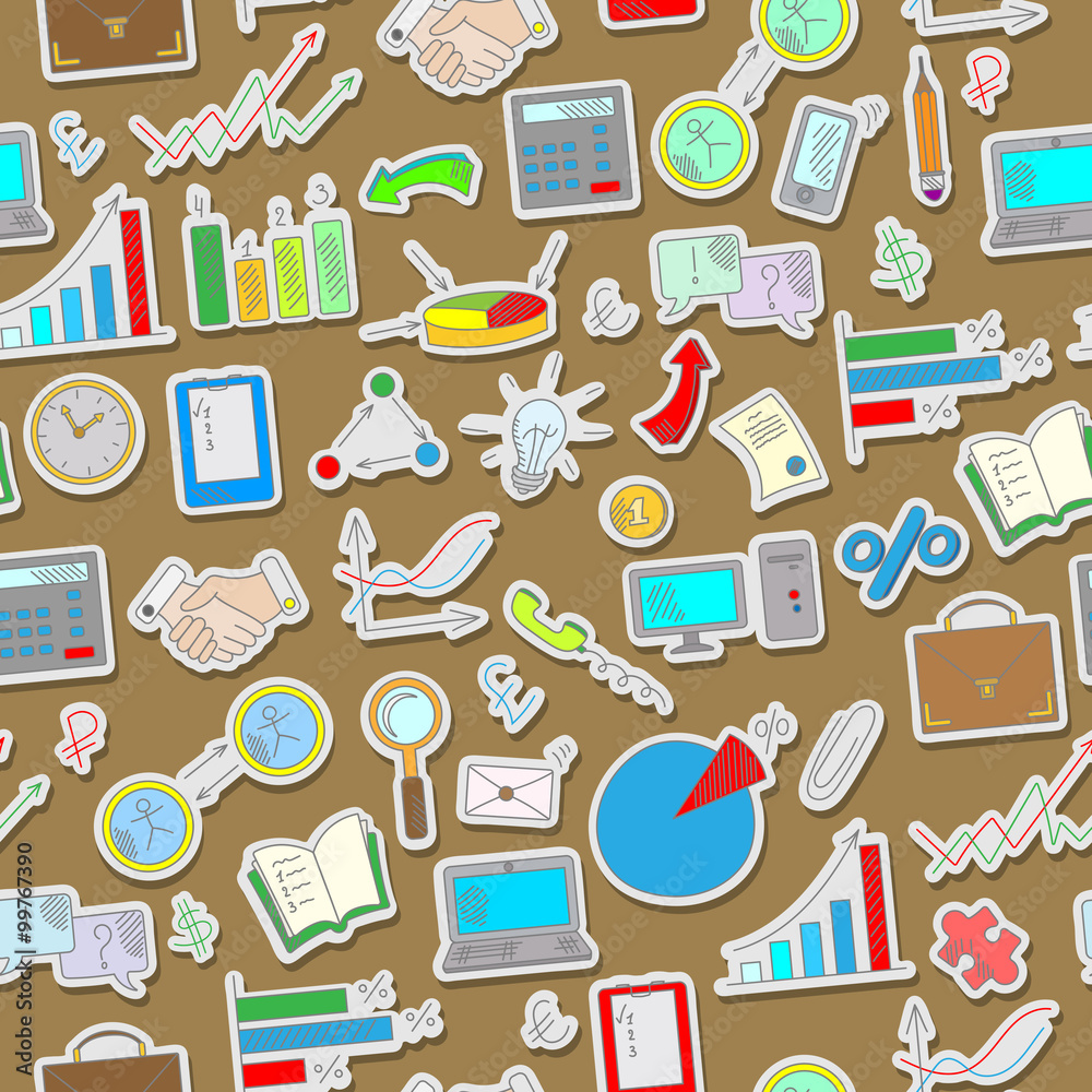 Seamless background with simple hand-drawn icons on a theme business, the colored stickers on the brown background Seamless background with simple hand-drawn icons on a theme business, the colored stickers on the brown background