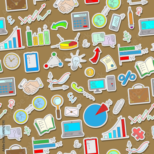 Seamless background with simple hand-drawn icons on a theme business, the colored stickers on the brown background 