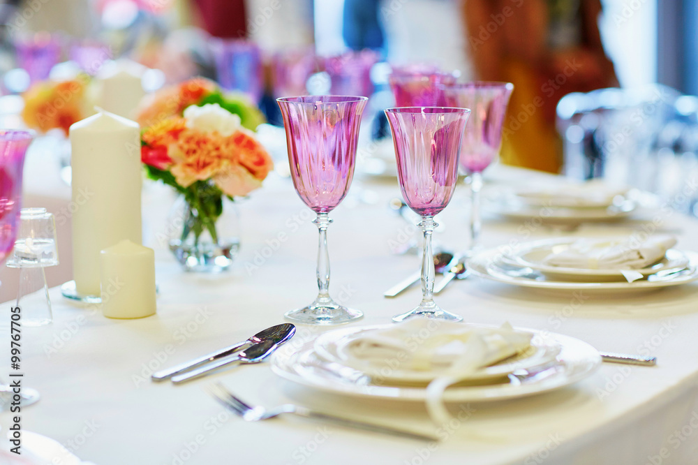 Table set for an event party or wedding reception Table set for an event party or wedding reception