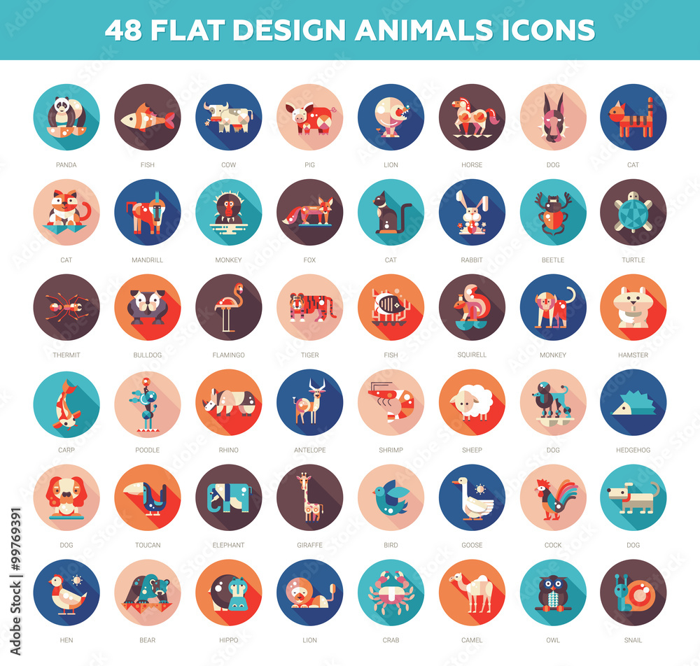 Flat design wild and domestic animals icons set Flat design wild and domestic animals icons set