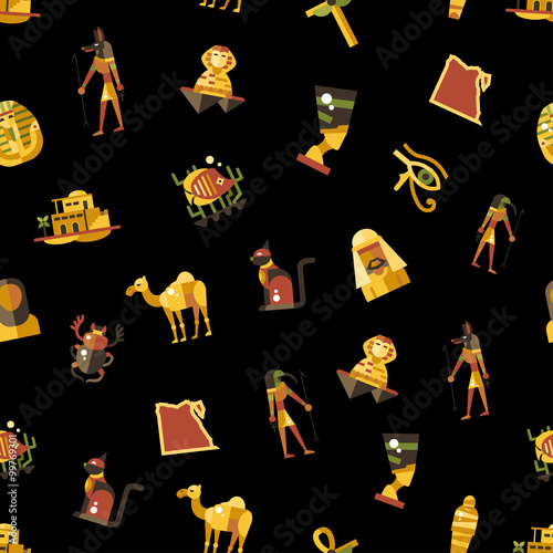 Flat design Egypt travel pattern with famous Egyptian symbols icons