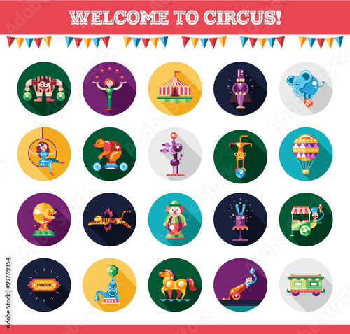 Flat design circus icons and infographics elements set