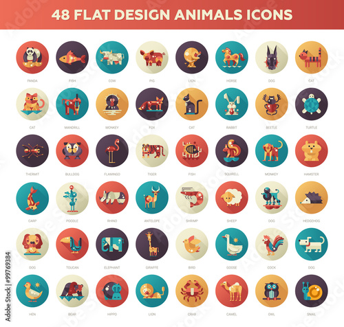 Flat design wild and domestic animals icons set