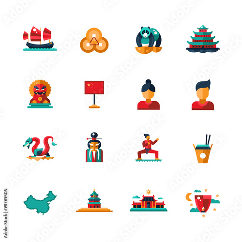 Flat design China travel icons, infographics elements with Chinese symbols 