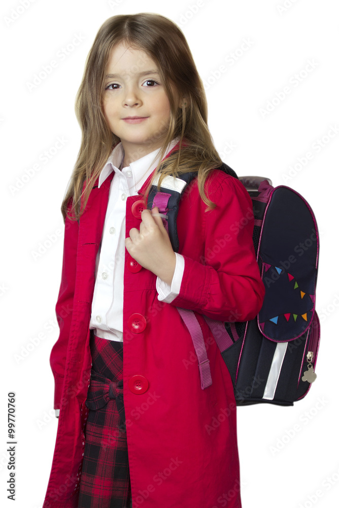 Child girl kid school uniform bag isolated. Child girl kid school uniform bag isolated.
