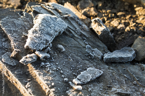 Frost on the stones early in the morning.